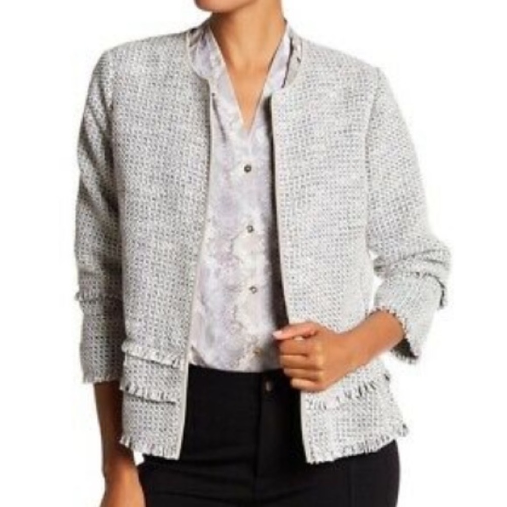 NWT T Tahari Madeline Antique Silver 3/4 Sleeves Frayed Trim Jacket